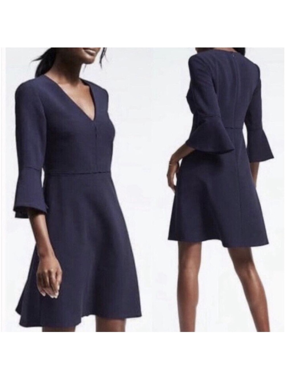 NWT Banana Republic 3/4 flutter sleeve Navy V-Neck A-Line Dress, Flared Sleeves